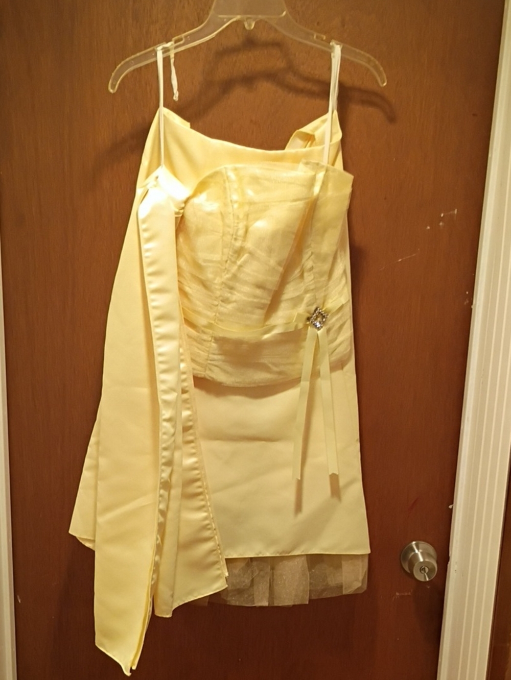 Strapless Pale Yellow Party Dress with Sash